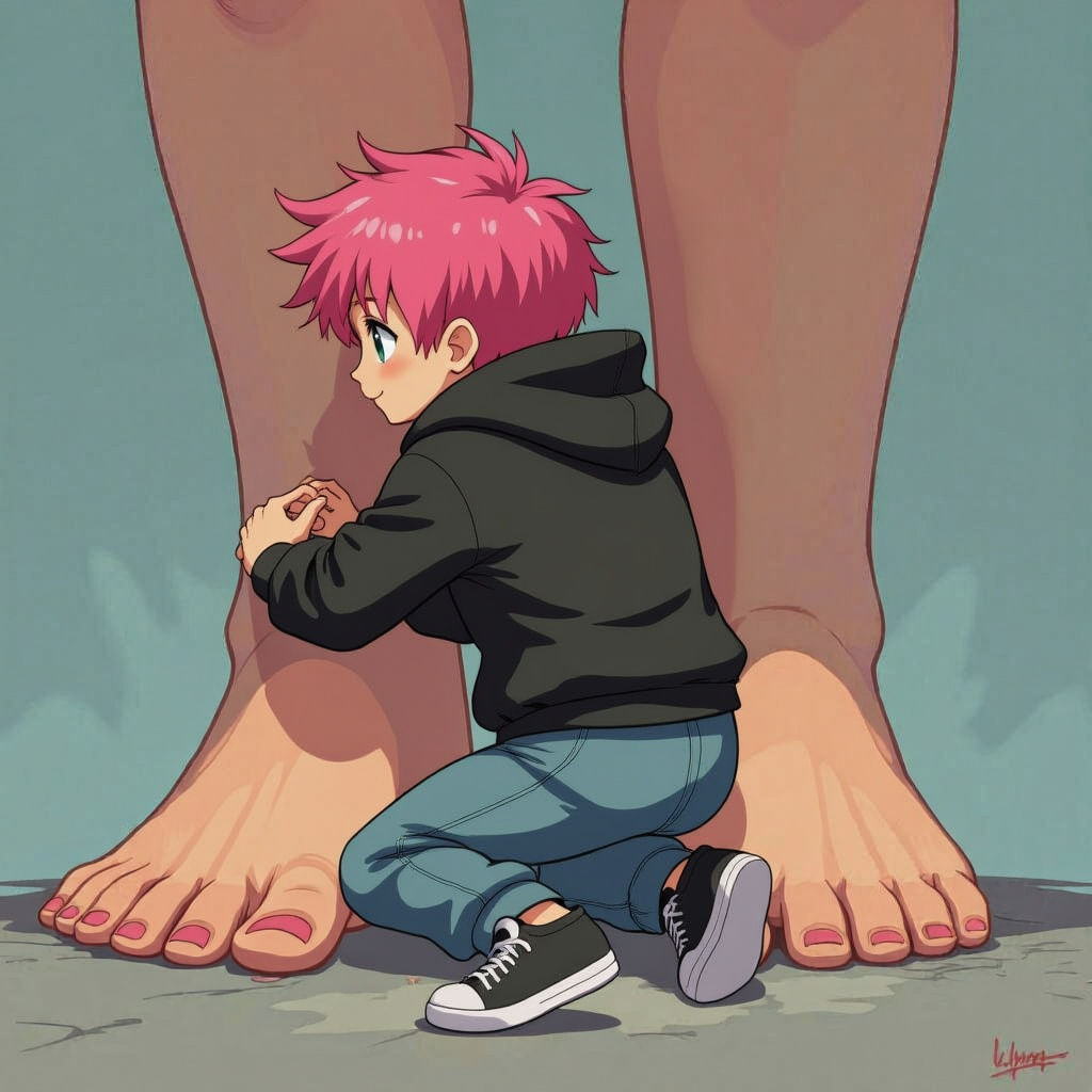 A huge bare foot steps on a tiny pink haired boy in a black oversized hoodie, from the tiny boy's perspective. We see the sole, toes and hil...