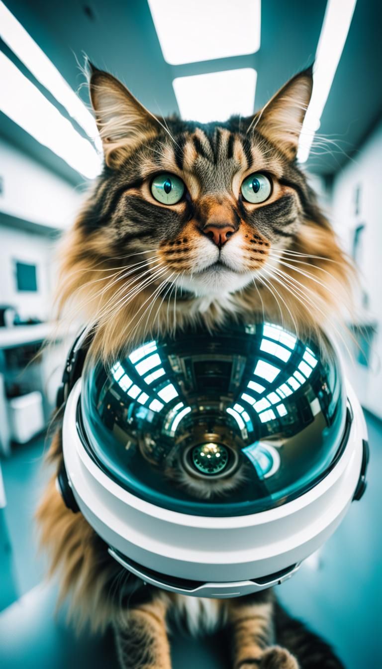 depth of field fisheye lens scifi solarpunk spacecore futuristic, cat