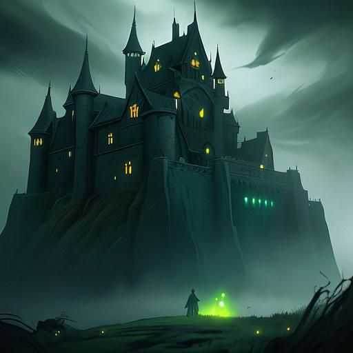 Dark Fantasy Castle with Cats and Fireflies