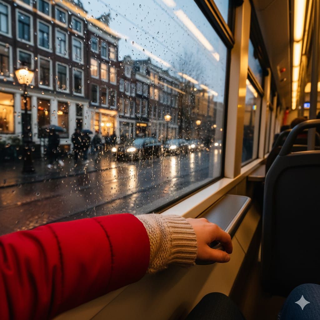 POV, public transport, looking outside, rainy day in Amsterd...
