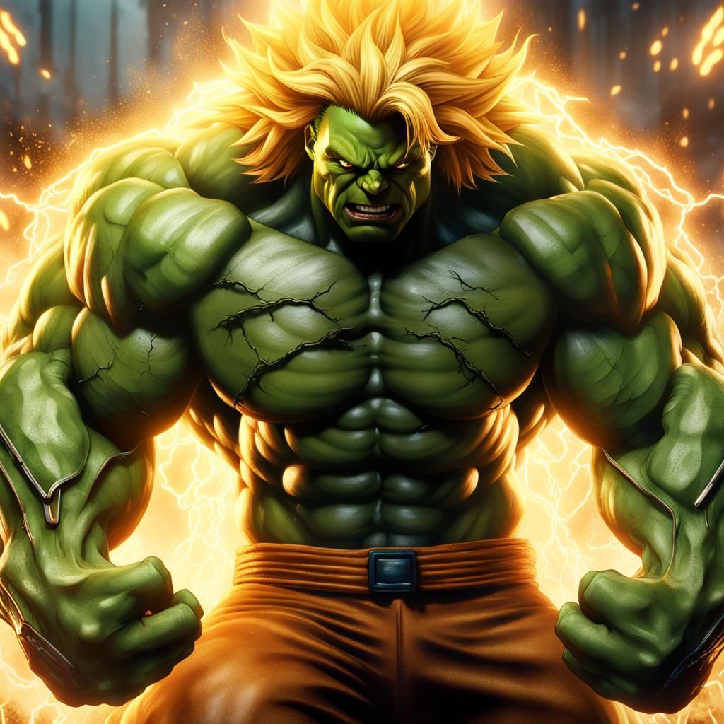 Long-haired version of Incredible Hulk going super Saiyan with golden ...