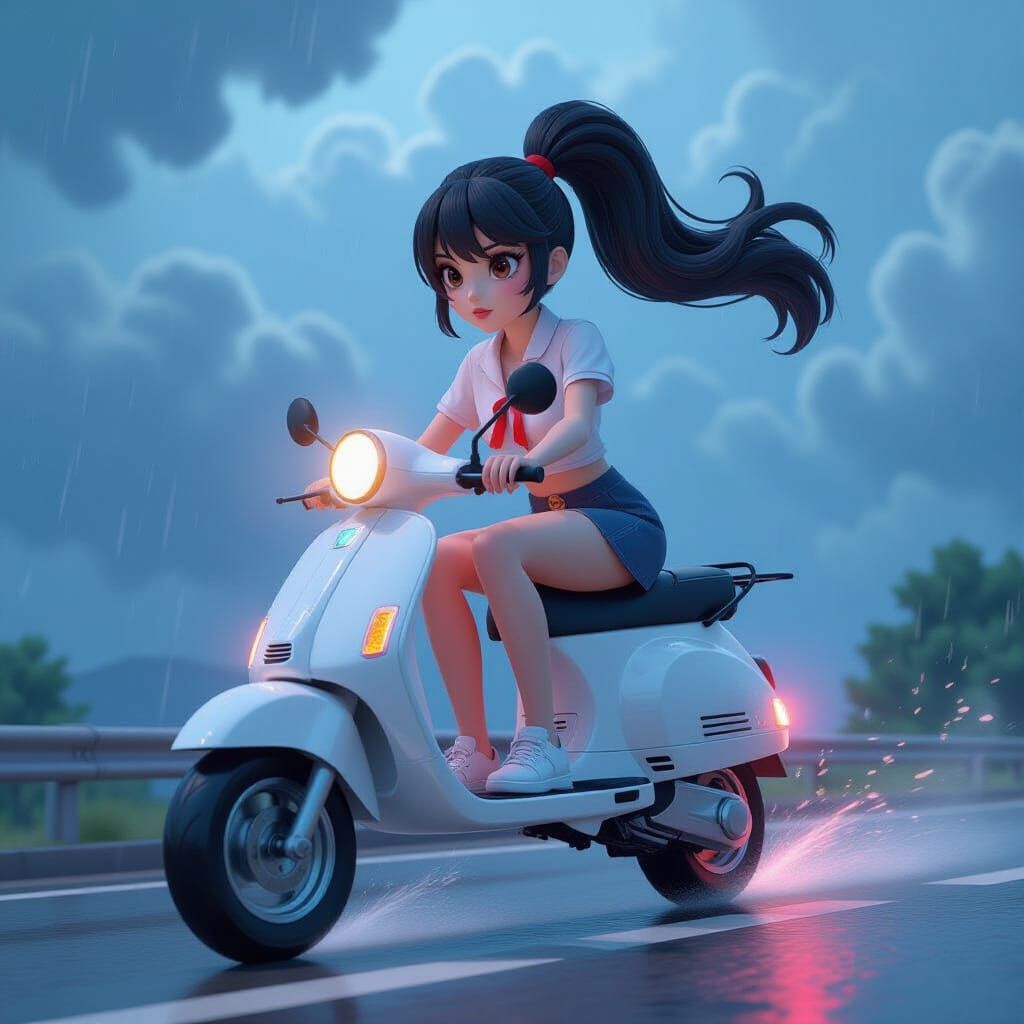 Anime Girl Rides Scooter Through Stormy Road