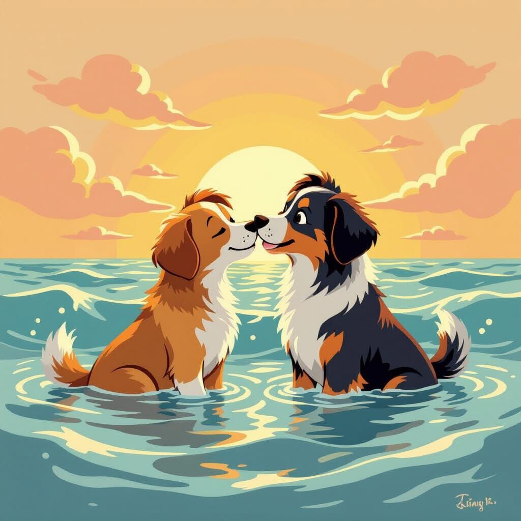 Romantic Canine Kiss in Ocean, Disney Style