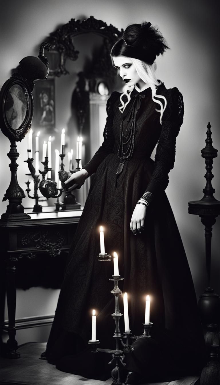 goth fashion model. photographs in the style of m. c. escher...