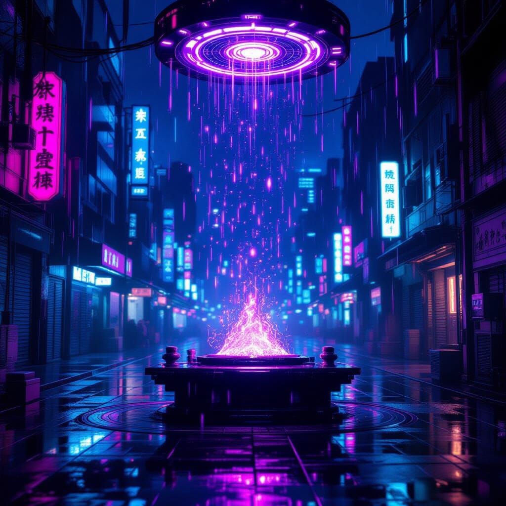 a ritual alter cyber punk themed. With purple spirit lights and a portal on the ceiling.