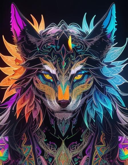 luminous colors, golden outlines, portrait of a white glass wolf ...