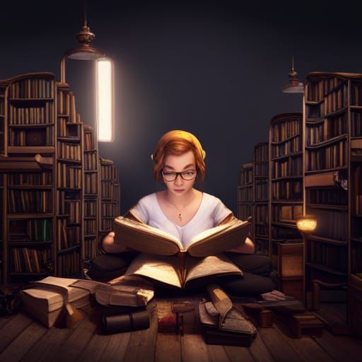 a girl reading a lot of books in a magic library
