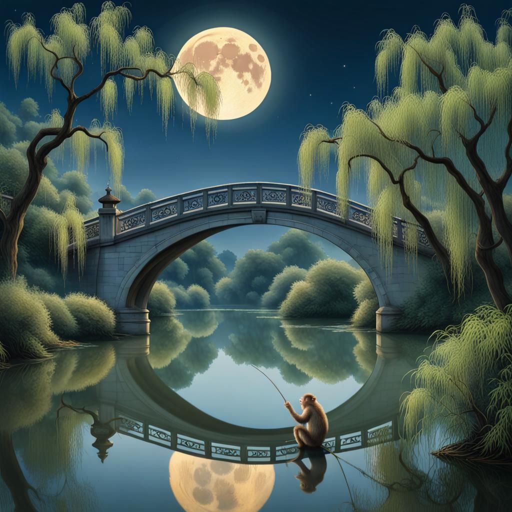 Monkey Reaching for Moon in Neo-Impressionist Style