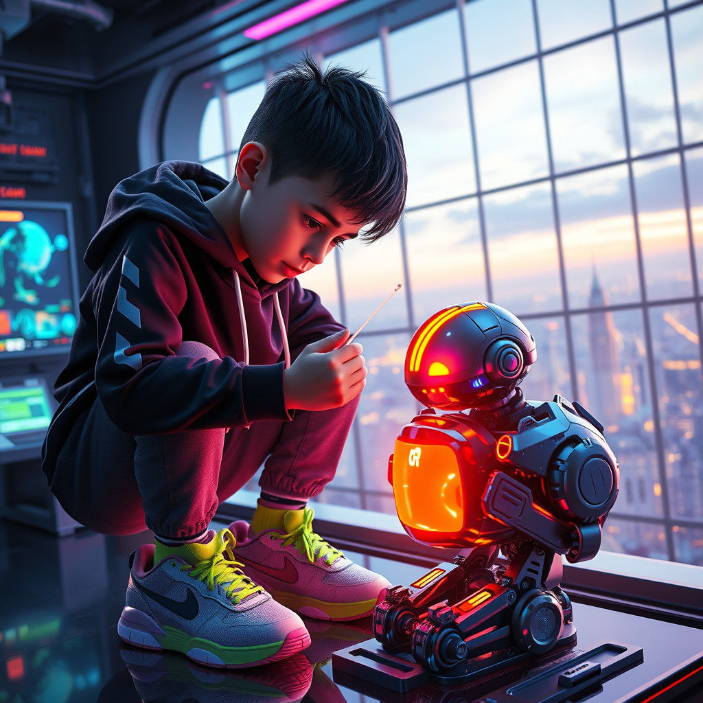 A hyper-realistic image of a boy playing with a futuristic toy robot and new tech.  by @undefined