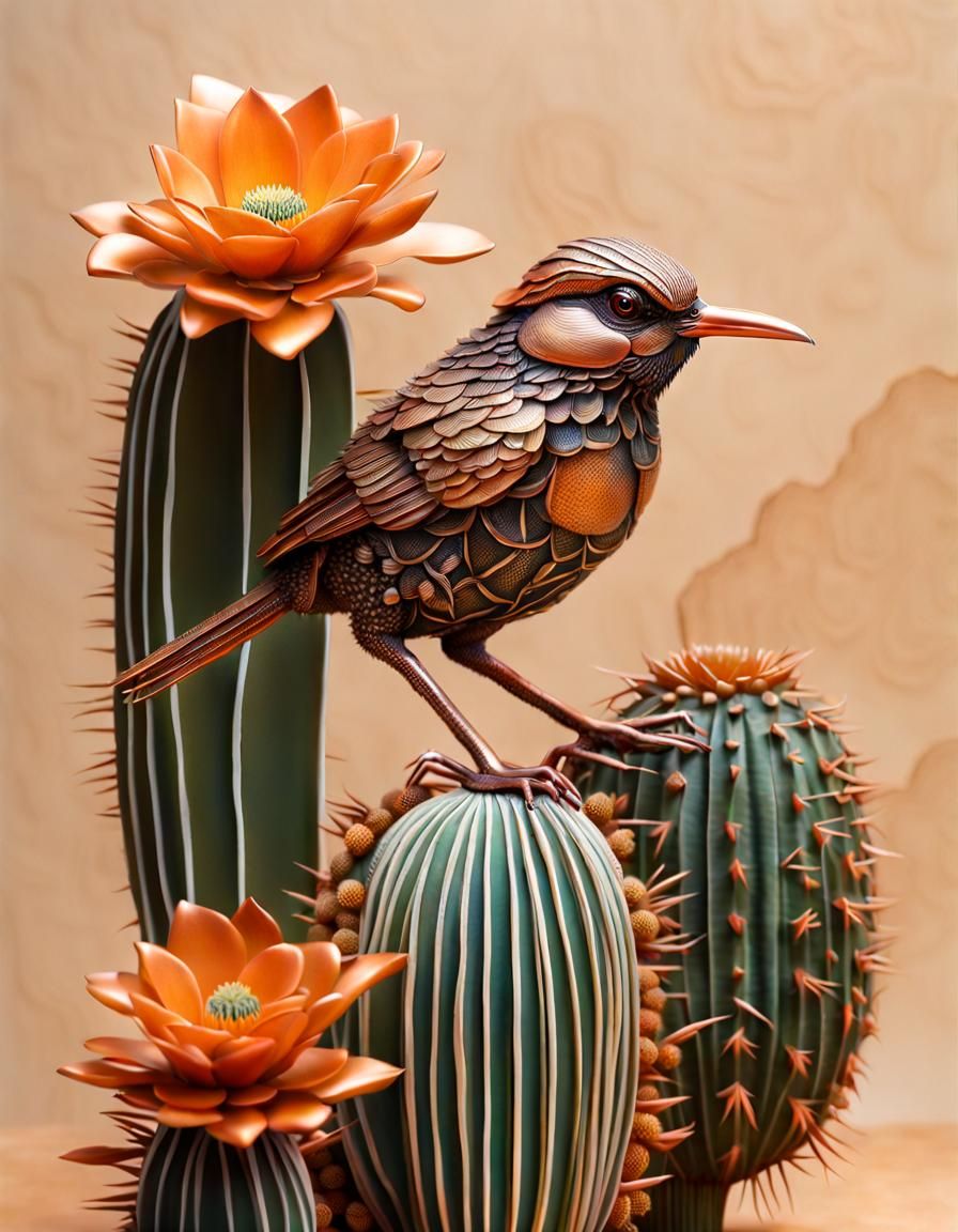 Cactus wren and Saguaro Flower copper statuette  by @Garry B
