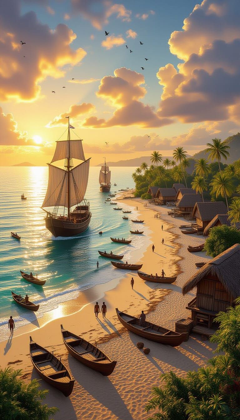 Sailing Ships in a Coastal Village At Sunset with Maritime Activity