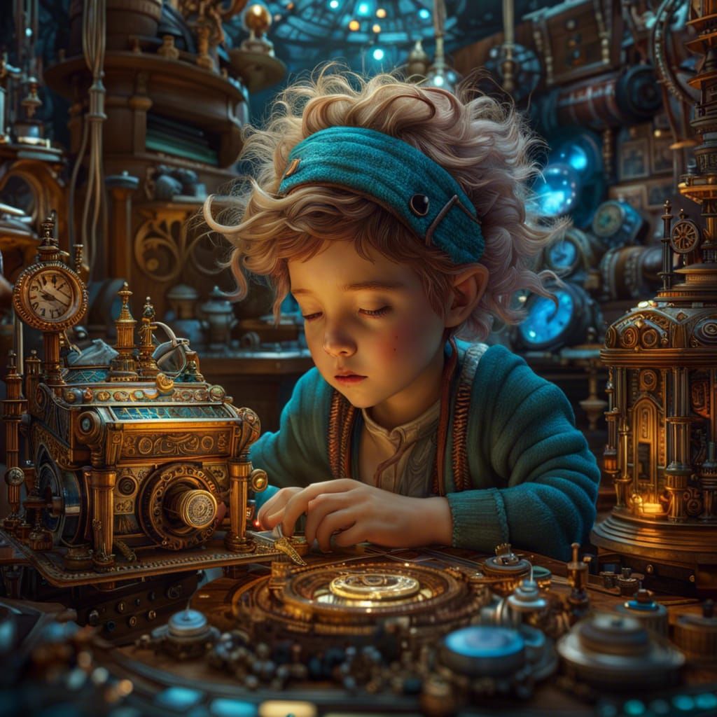 Little Inventor in Grandpa's Workshop  by @Night0wl