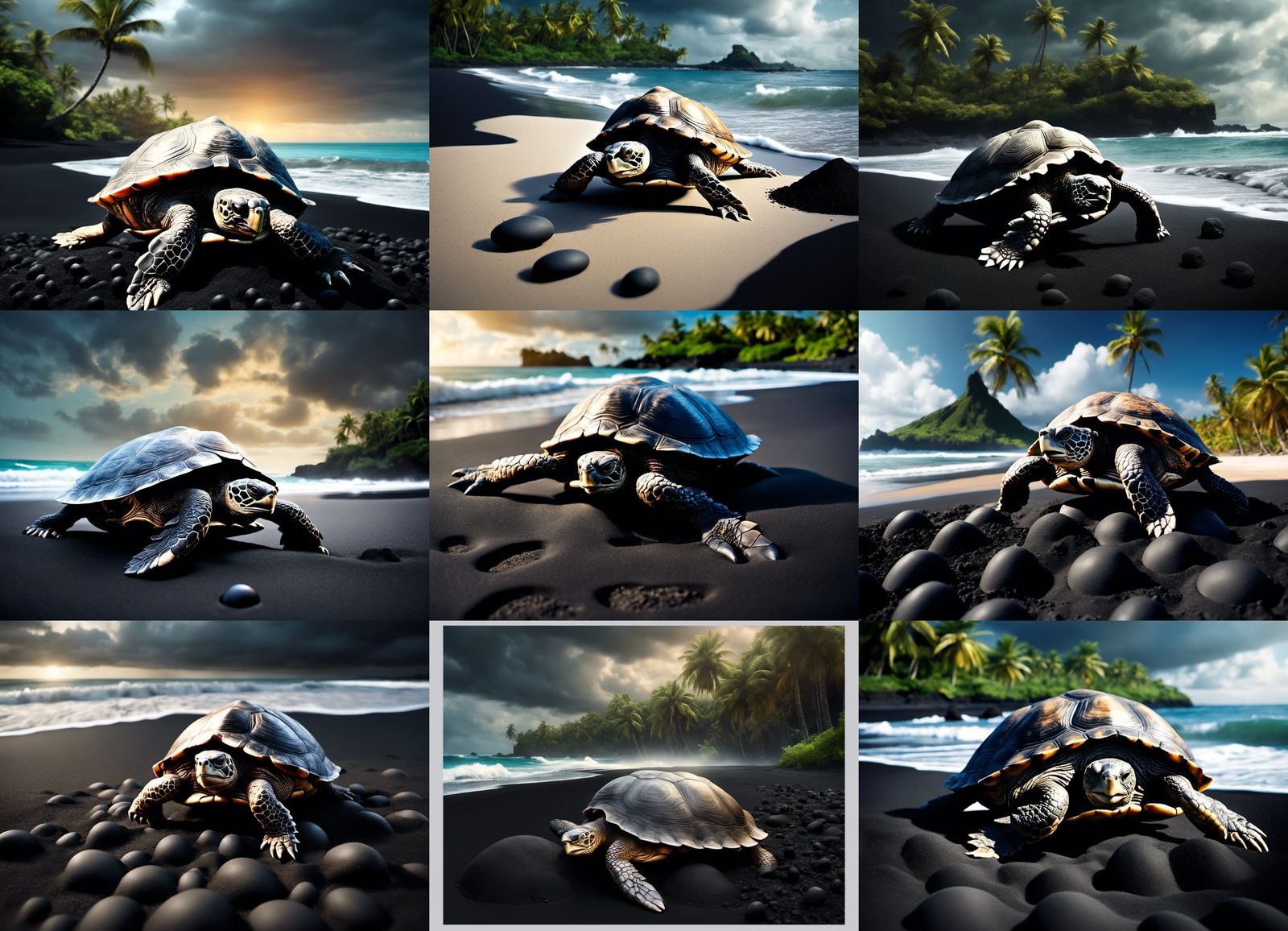 Tropical beach of black sand with a monsterous turtle laying...