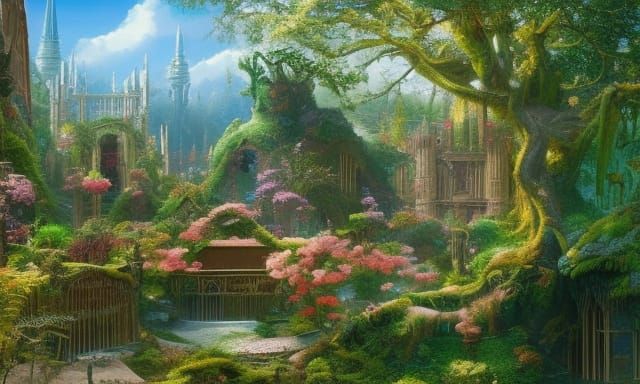 in the background ruins of a throne room in the fairy castle overgrown ...