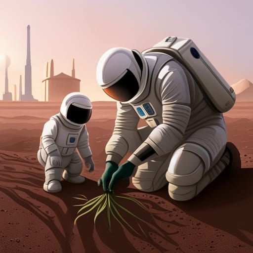 Astronaut Father teaching son how plant on mars Fathers must build future  by @David Myers