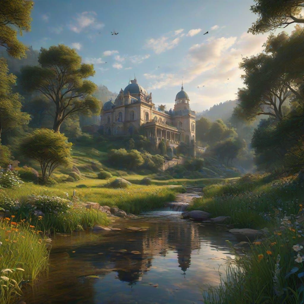 A serene meadow stretches out before a magnificent palace.