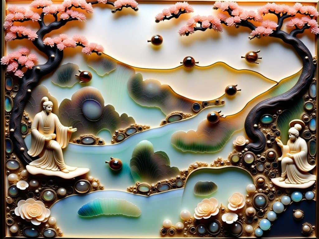 Japanese Style Panels depicting Beautiful Cultivator Chang-E practicing KungFu in Waterfall Paradise created out of intricately carved polis...