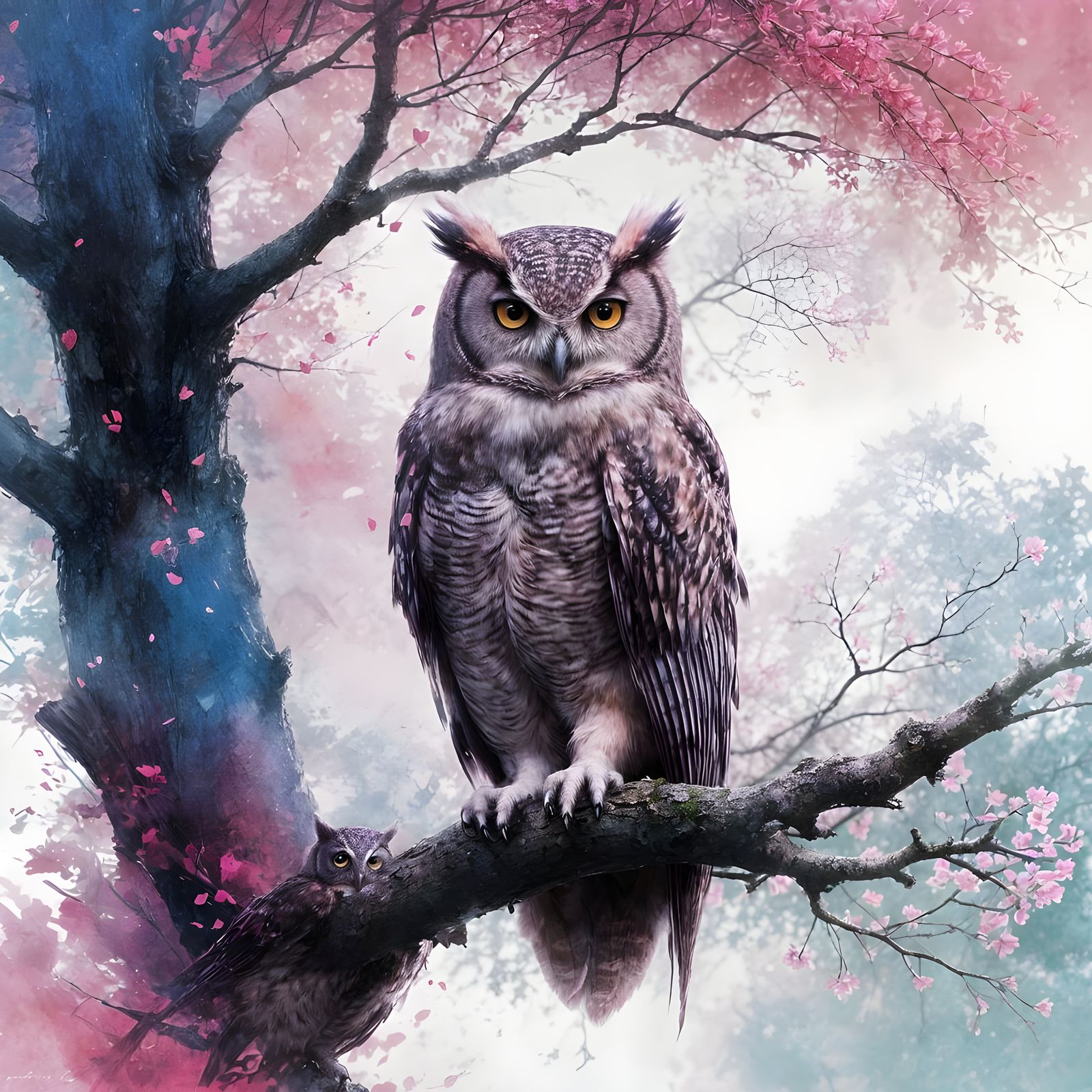 A splash art of an owl sat in a tree, bright pinks, reds and blue colours. High resolution. In the style ...  by @Irene