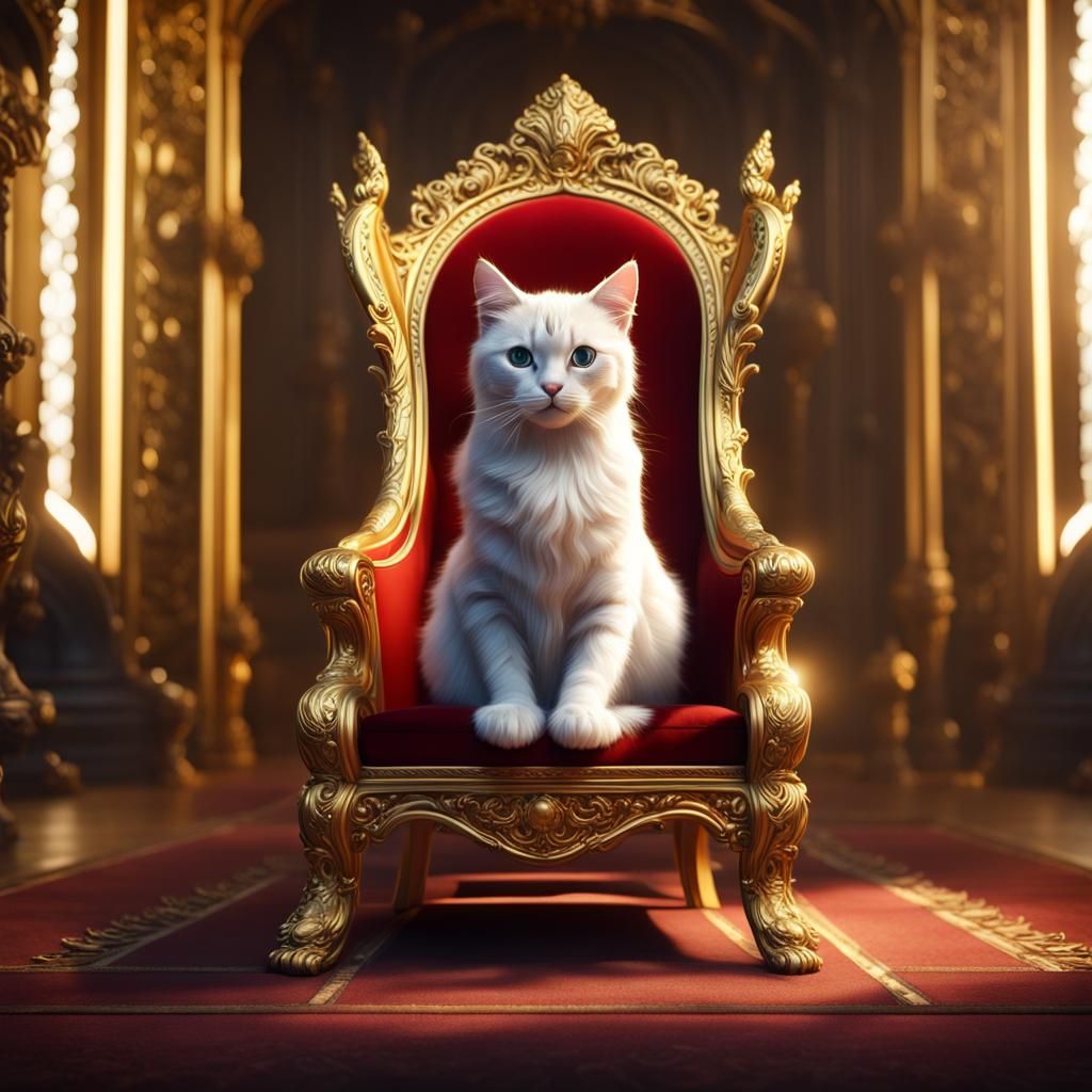 cute cat on golden throne realistic