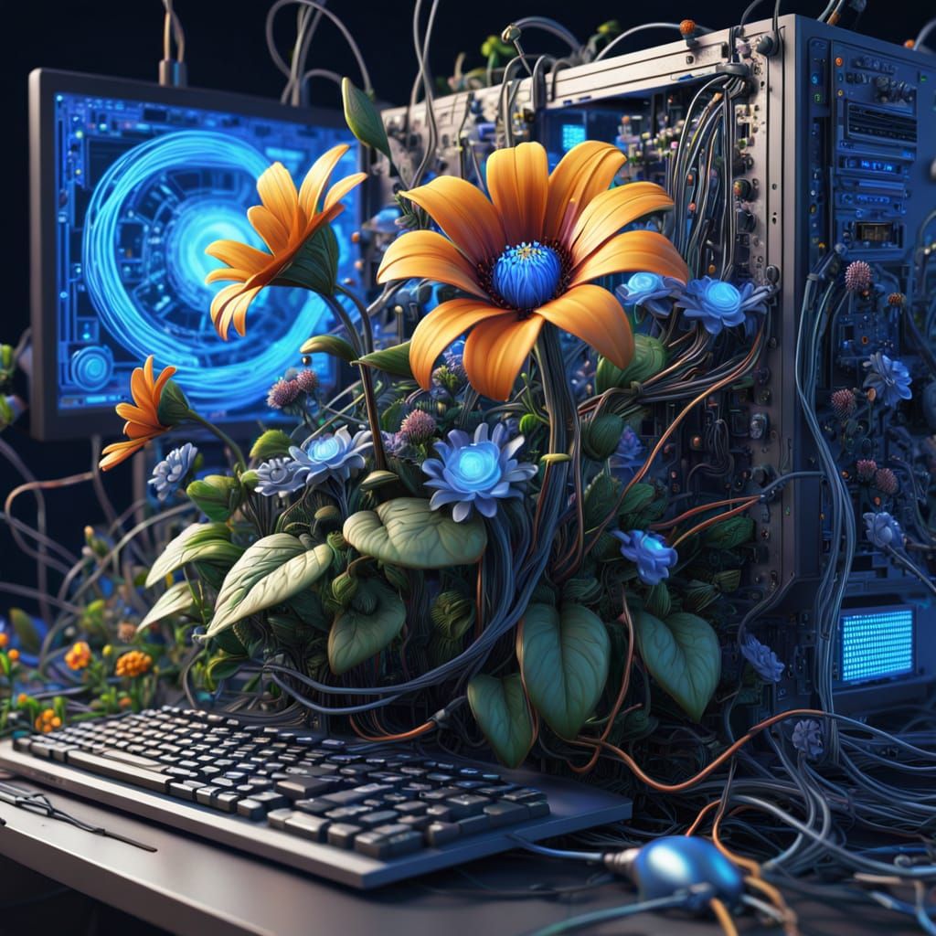 A flower garden growing from a desktop computer