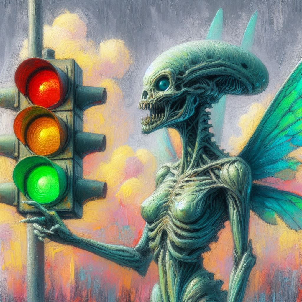 Alien fairy with traffic light