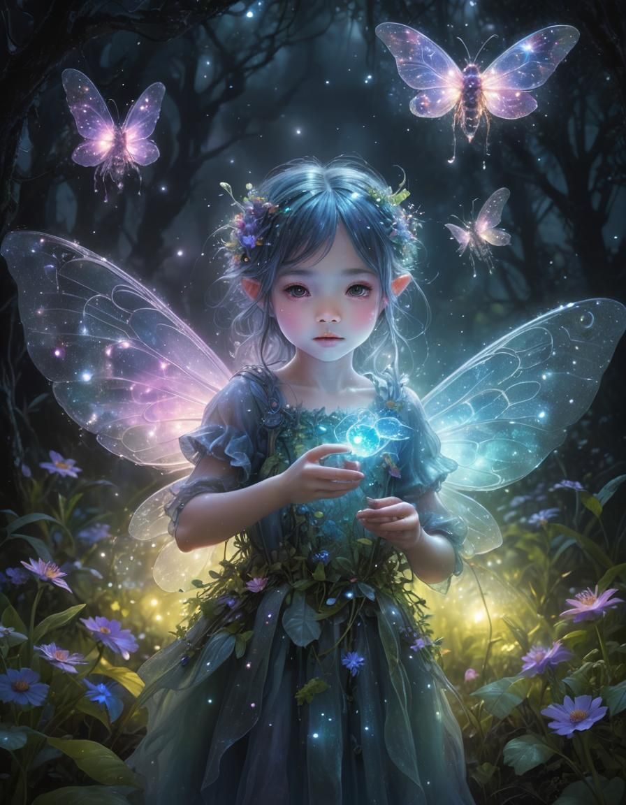 Chibi Fairy and Glowing Alien Firefly Creature  by @Storymask