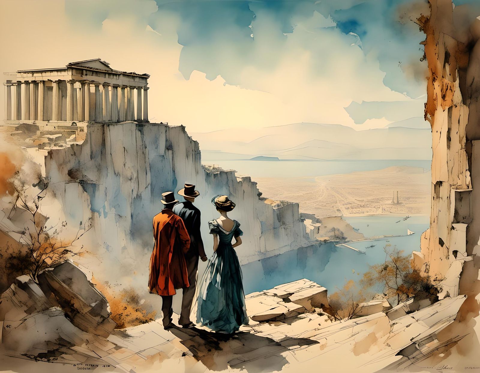 19th century Grand Tour Athens some well-dressed tourists lo...