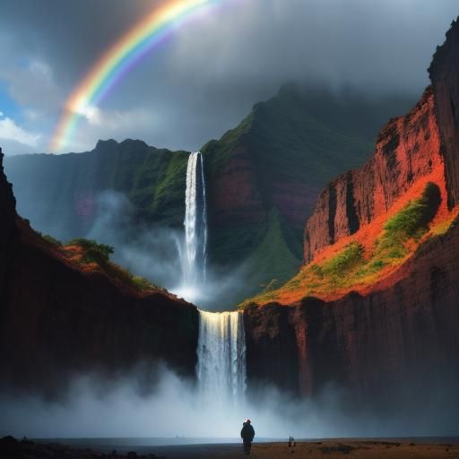 Hawaii, Rainbows, Waterfall, watercolor Epic cinematic brill...