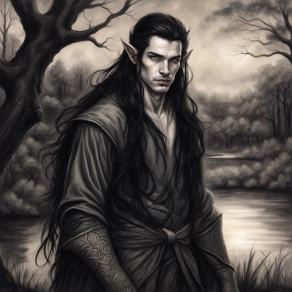 Male elf, pointy ears, long flowing black hair, amber eyes, fair features. Using a bow,  stormy woodland background, res...