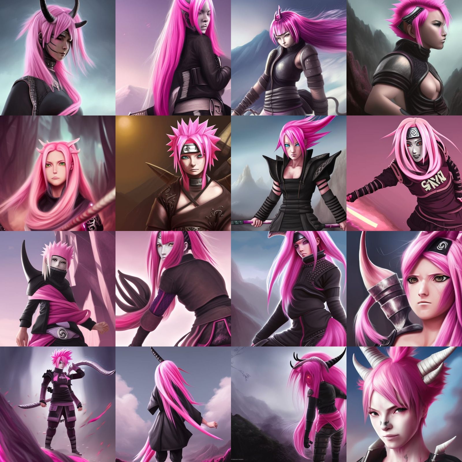 woman with pink hair, goat horns, black armour, naruto