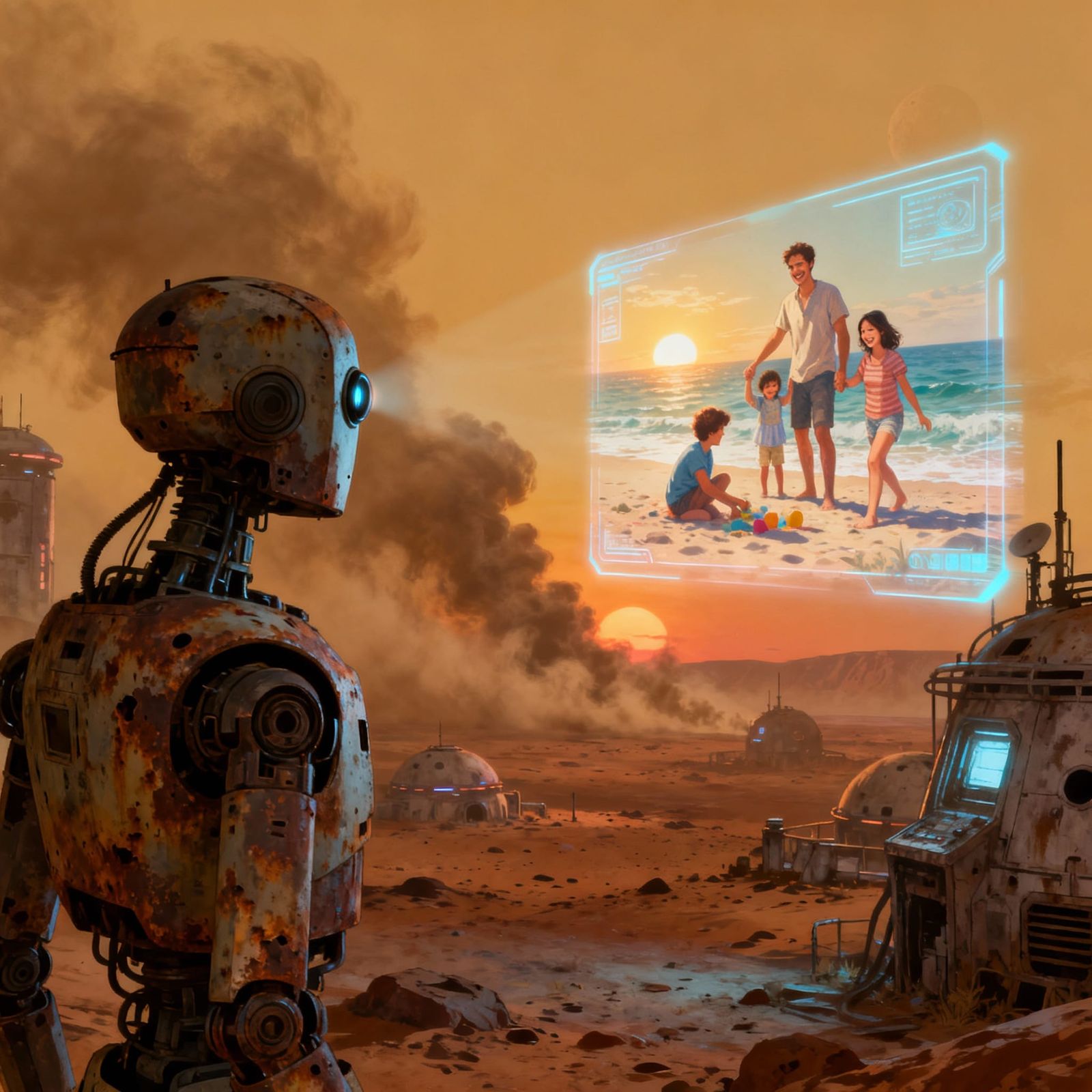 A lone rusty corroded android watching a holographic replay of a human family playing at the seashore. ...  by @Ride the Wind DM
