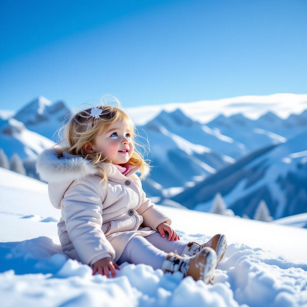 Girl on Snow Gazing at Sky in Swiss Alps