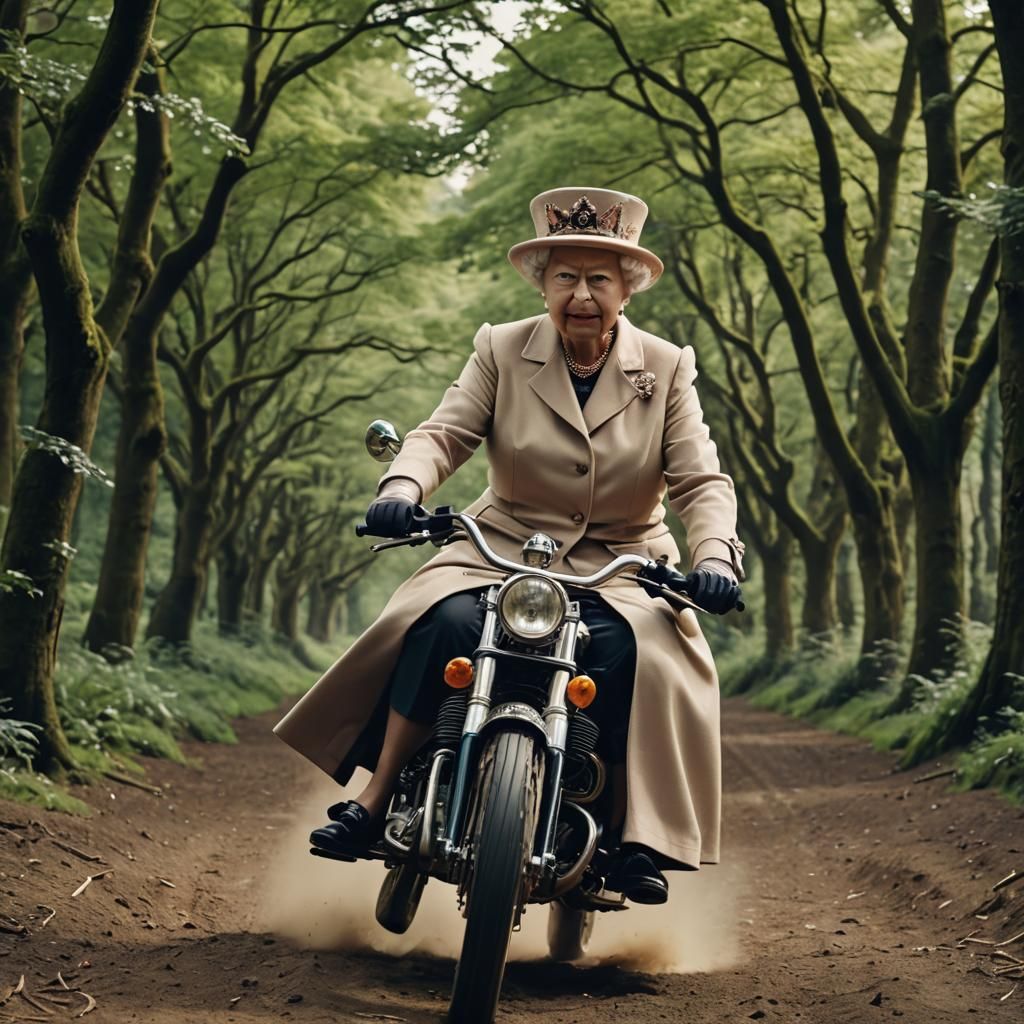 The Queen Of England riding a T-Rec Cinematic film still, sh...