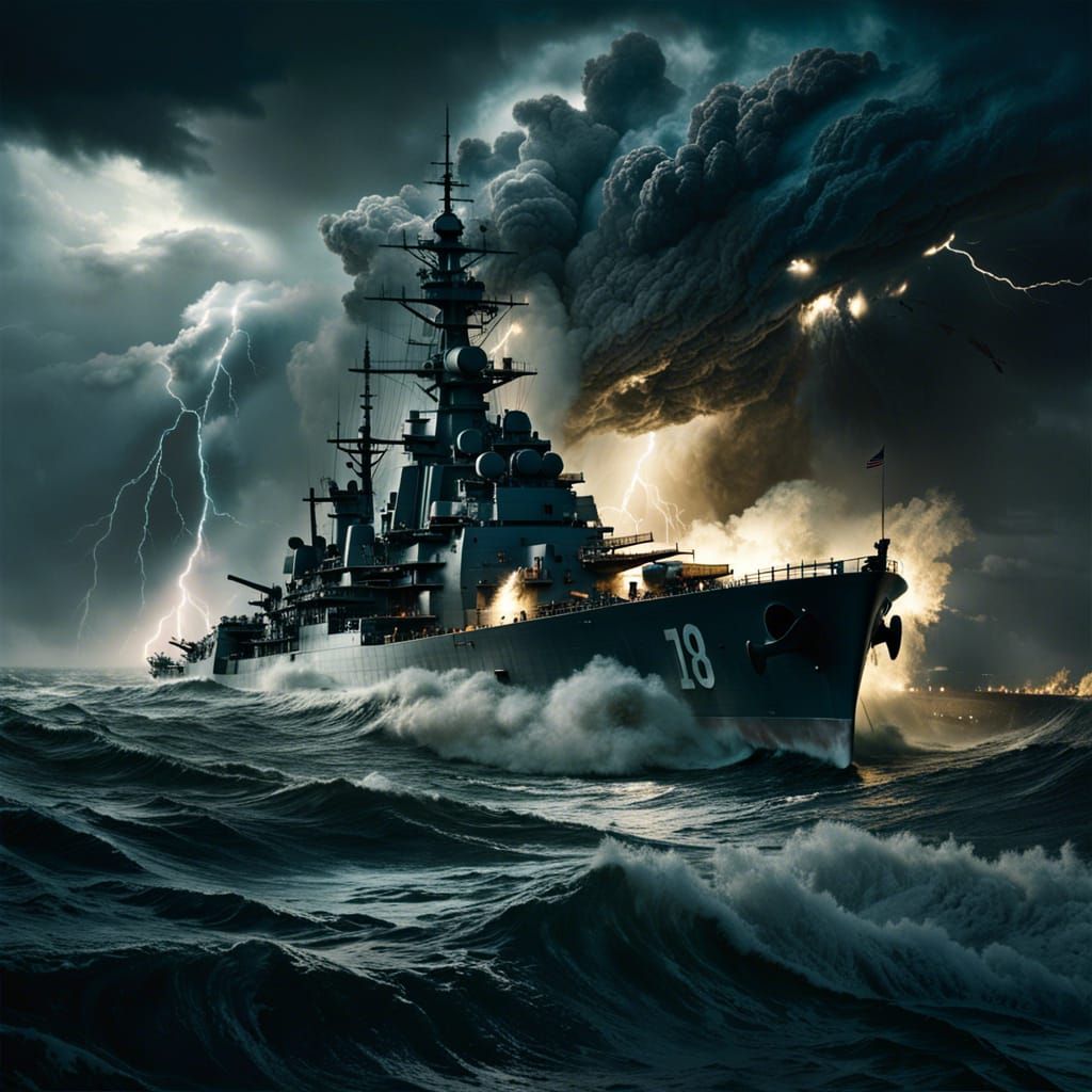 Warship in deadly storm  by @GoldenTinOfBiscuit