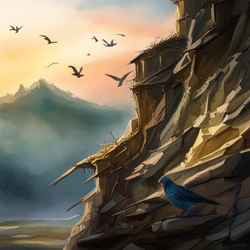 several bird nests  on the side of a rocky cliff with birds ...