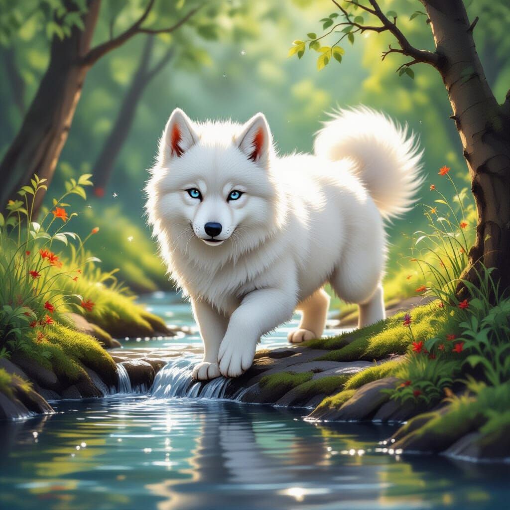 Oil Painting of White Kitten with Blue Eyes and Autumn Leave...