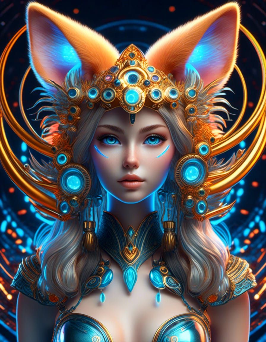 Kitsune cat eared prehistoricore girl, colour explosion 128k...