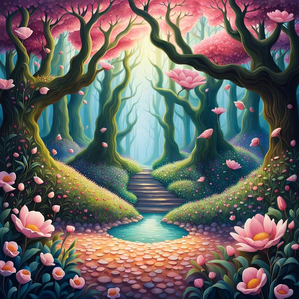 Enchanted Forest Hidden Within Blossoming Flower