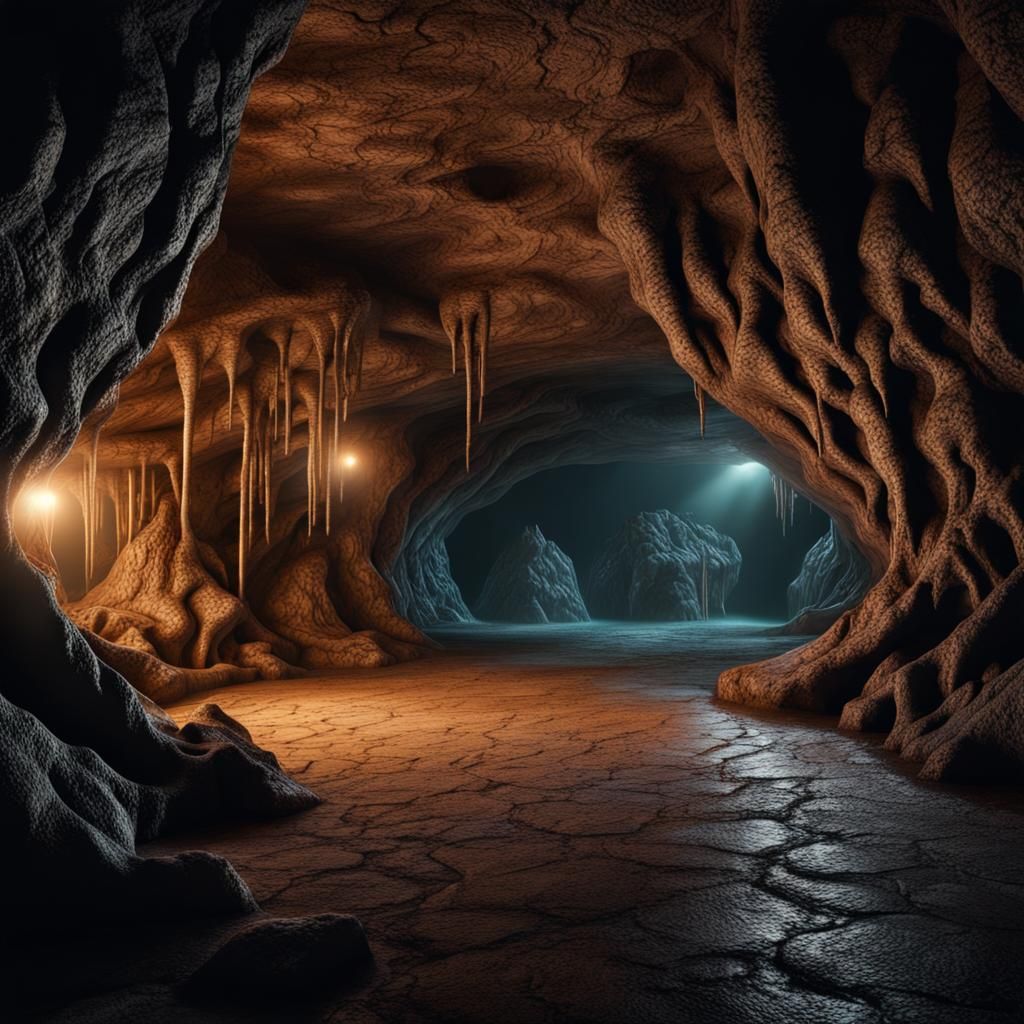 Underground illuminated alien cave system  intricate details...