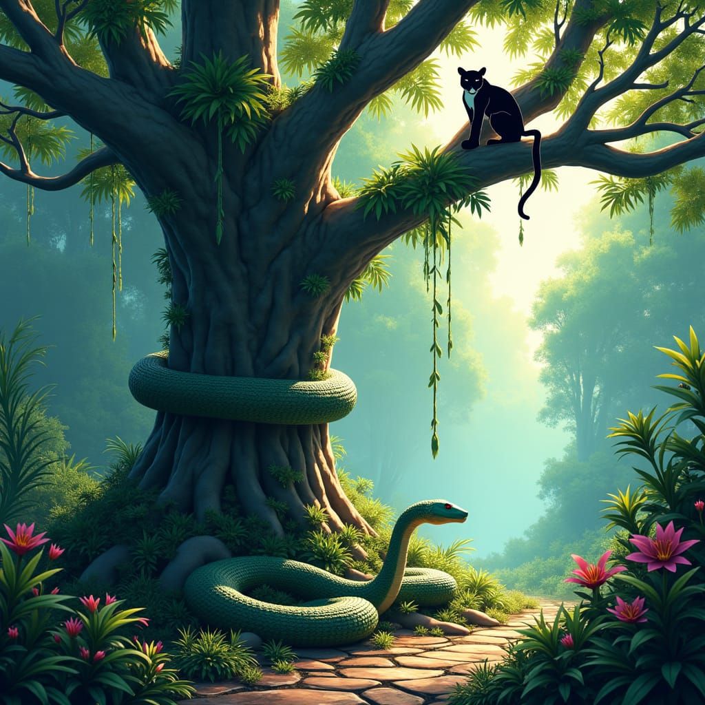 Anaconda and panther in the jungle between jiant trees and bushes