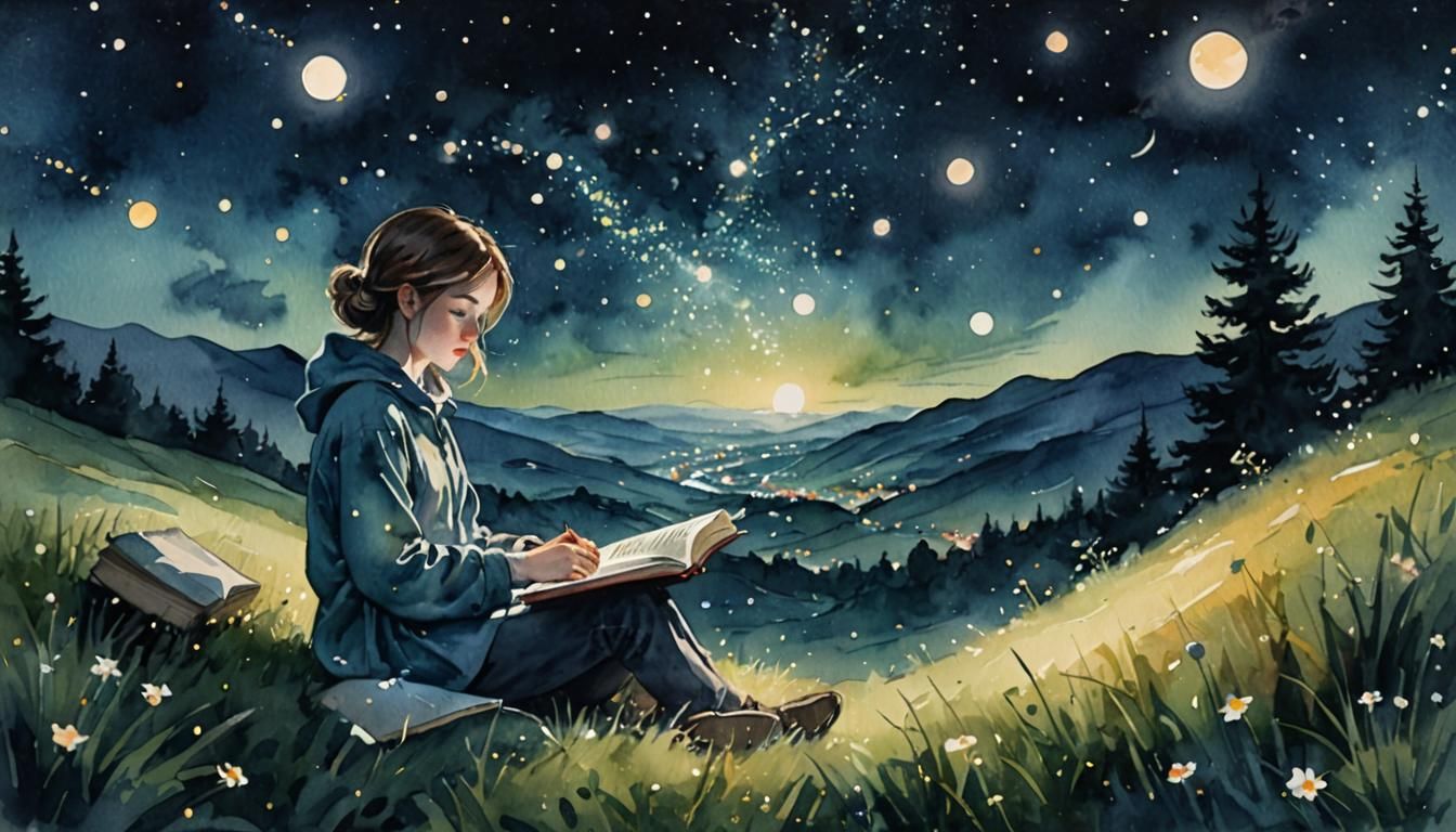 A serene, ethereal scene of a person reading