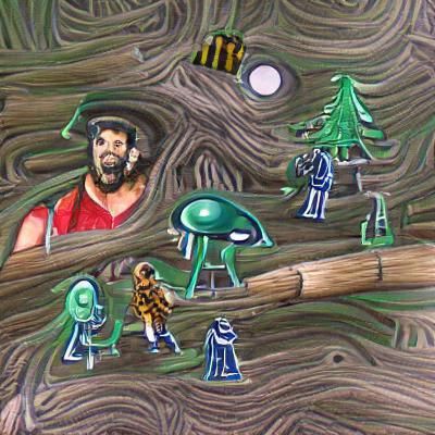 Lumberjack man surrounded by aliens