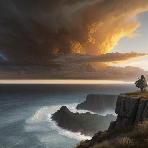 Warrior Overlooking Ruined Landscape in Oil Painting Style