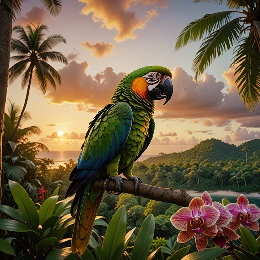 A hyperrealistic, cinematic portrait of a dense jungle at sunset, peering through to a beautiful Caribbean beach with white sand. The scene ...