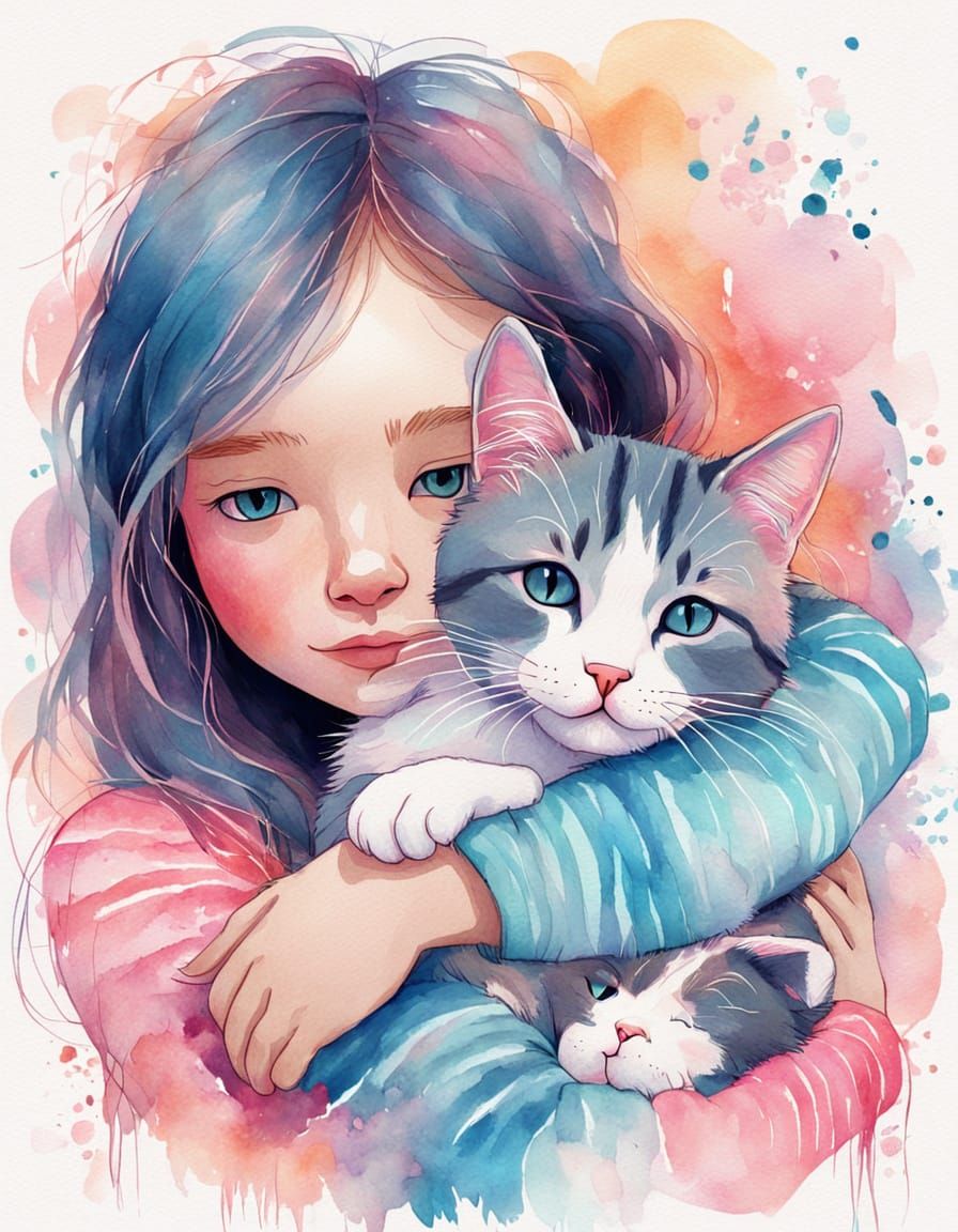 Girl Hugs Cat in Whimsical Digital Painting
