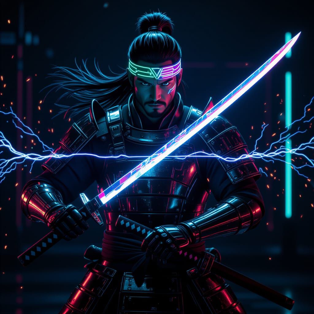 A futuristic cyber-samurai stands in intense focus, holding a glowing holographic katana with both hands. His metallic armor and prismatic h...