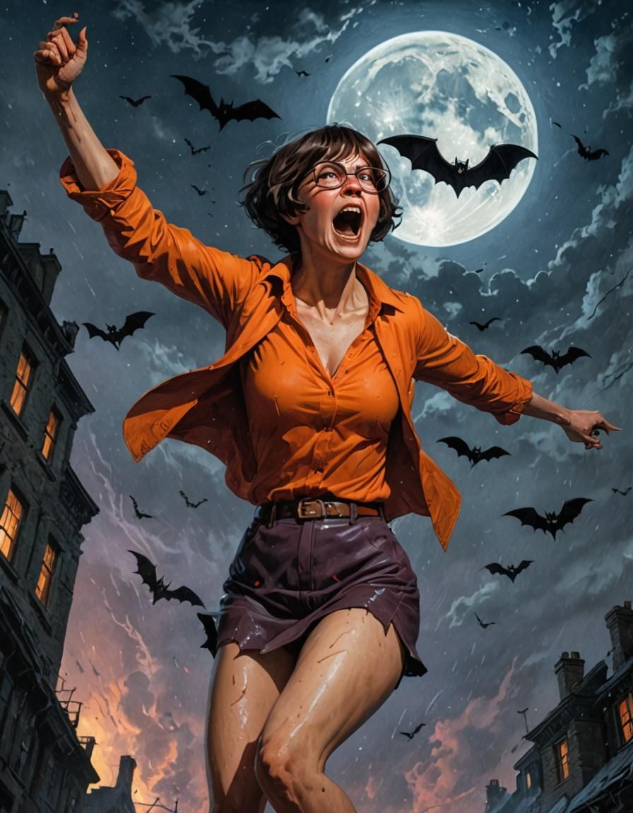 Unclad Velma Dinkley unclad striking an action pose while ye...