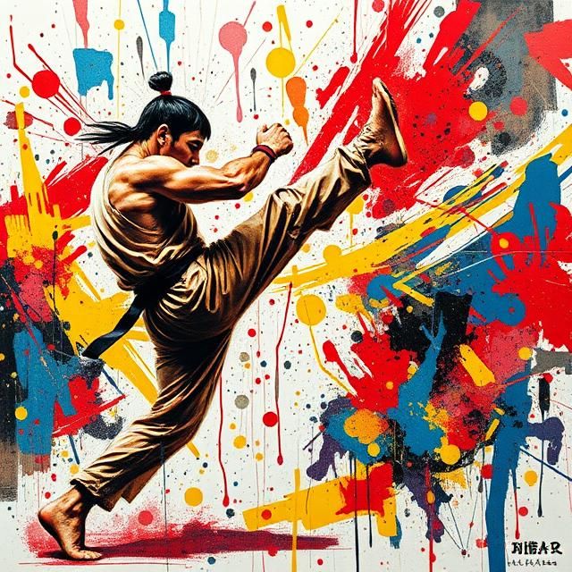 A DYNAMIC SCENE OF A MARTIAL ARTIST MID KICK OR PUNCH.