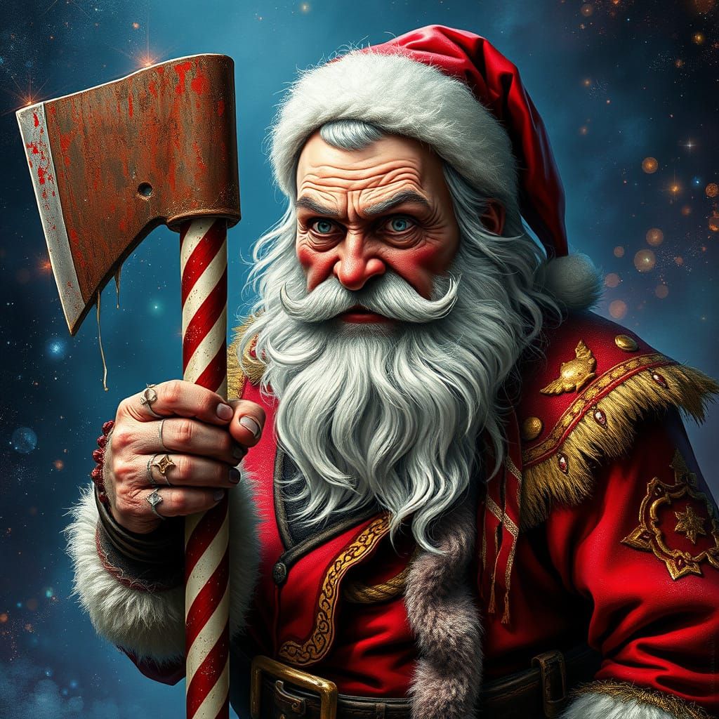 Cosmic Santa Claus in Tattered Crimson Suit with Rusty Candy...