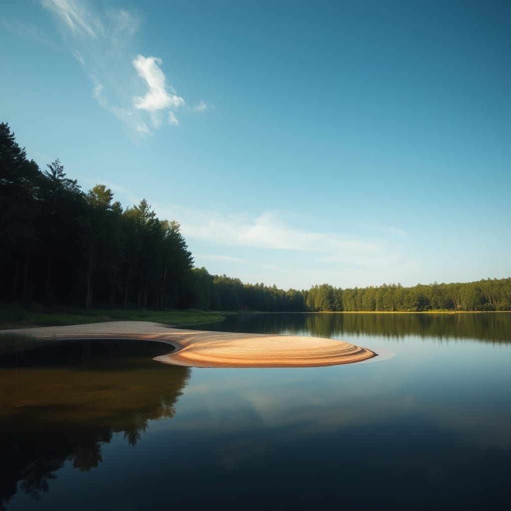 Rural lake with small sandy beach along shoreline